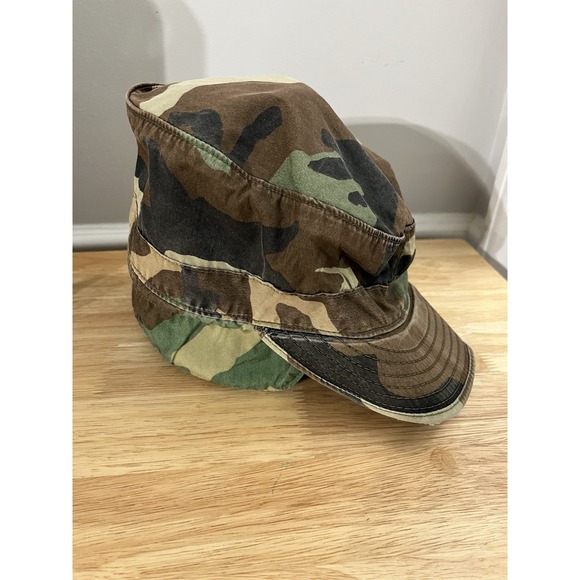 Military Army Cadet Cap Men‎ 7 1/4 Camo Combat Hat Woodland Ear Flaps - Picture 1 of 10
